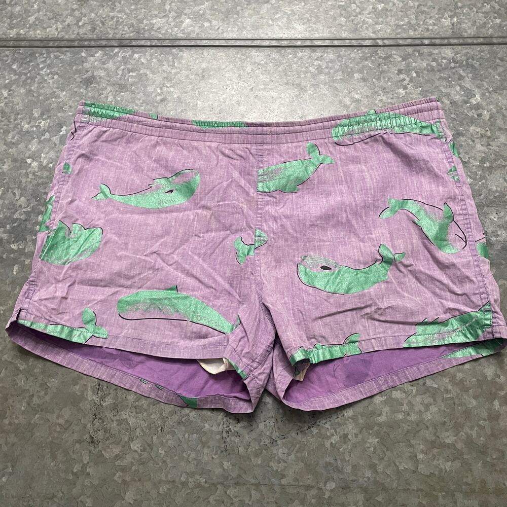 Vintage Reyn Spooner Water Prints Whale Shorts Medium Hawaiian Purple Green Swim